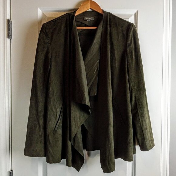Neiman Marcus Olive Green Faux Suede Waterfall Drape Jacket - Picture 1 of 5